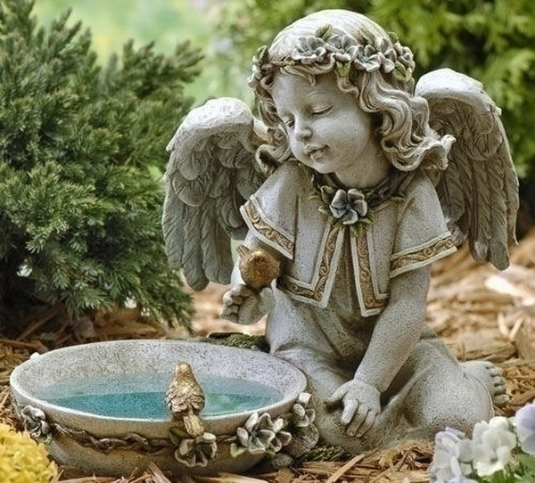 Angel Seated with Solar Light Bird Bath Sculpture Outdoor Garden Statue